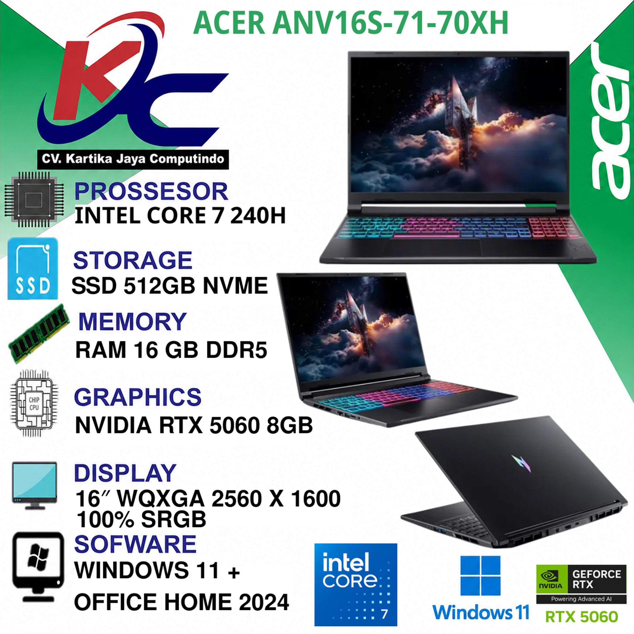 ACER ANV16S-71-70XH  CORE 7-240H/ 16GB/ SSD512/ RTX5060/ W11 OHS+M365 